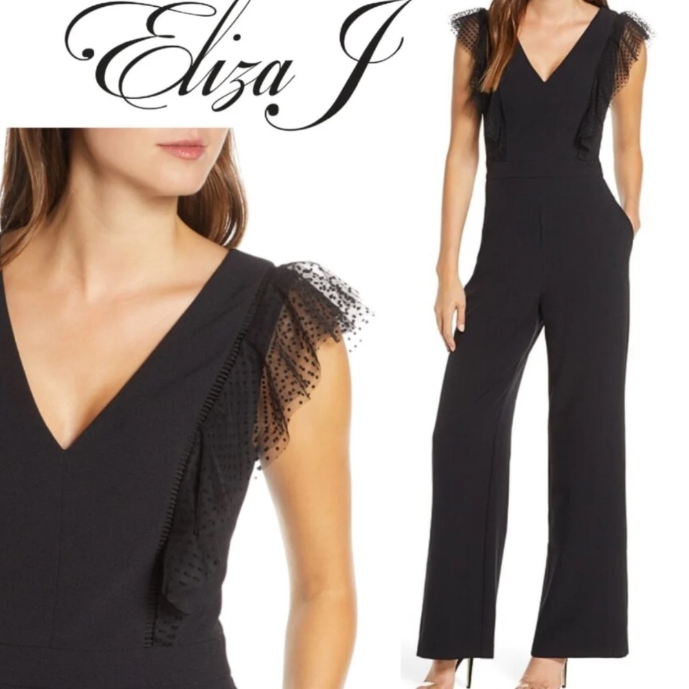Eliza J. Tulle Ruffle Stretch Crepe Jumpsuit Black Size 16 Black